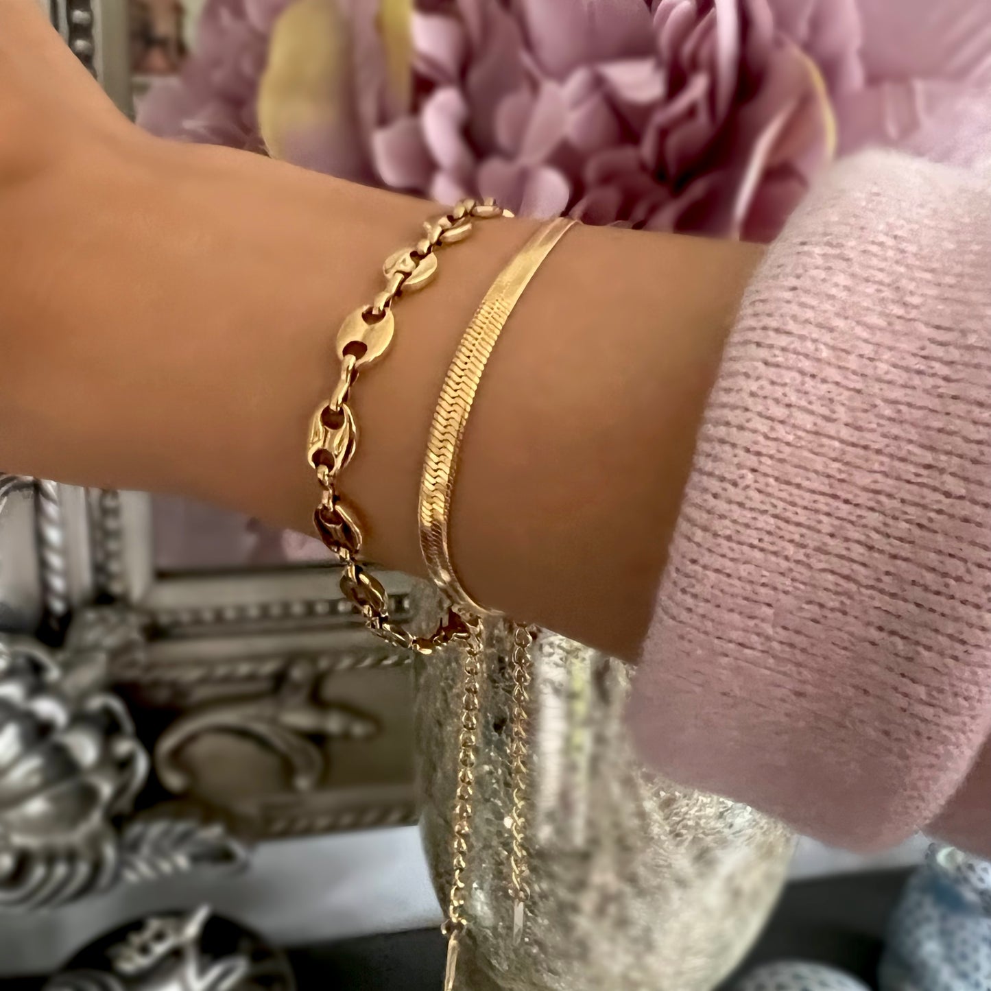 gold herringbone bracelet, 18k gold plated waterproof jewellery, GB04