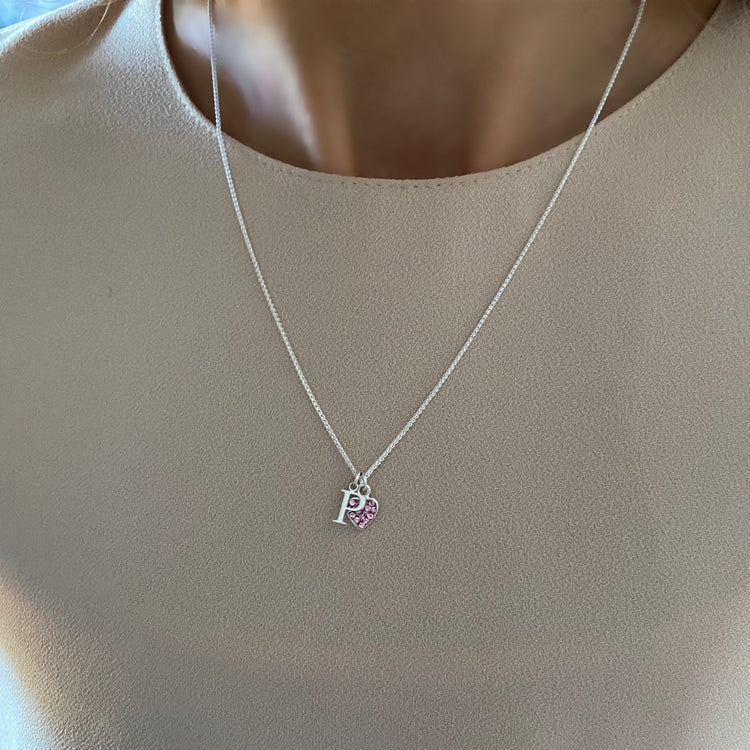 initial necklace with crystal heart charm, letter necklace, monogram necklace, personalised jewellery, gifts, INITIAL Crystal Heart-SN35