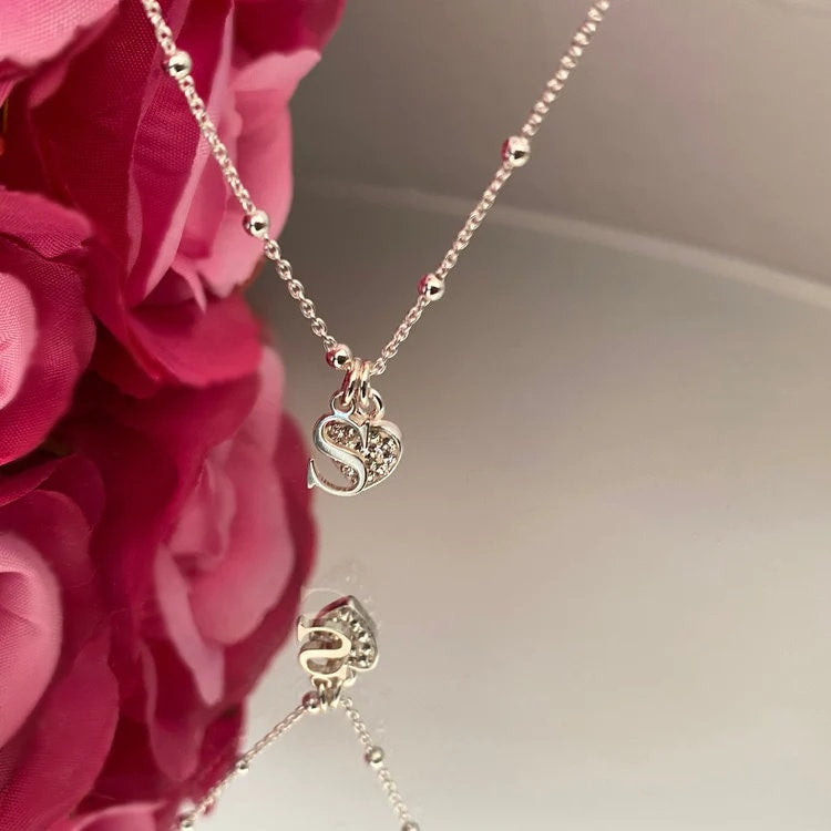 initial necklace with crystal heart charm, letter necklace, monogram necklace, personalised jewellery, gifts, INITIAL Crystal Heart-SN35