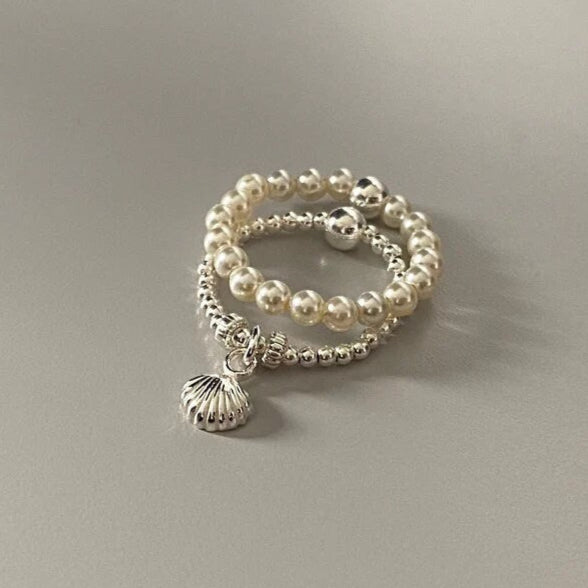 sterling silver shell ring set, stackable ring, pearl ring stack, handmade jewellery, seaside jewellery, LITTLE SHELL stack-LSP04