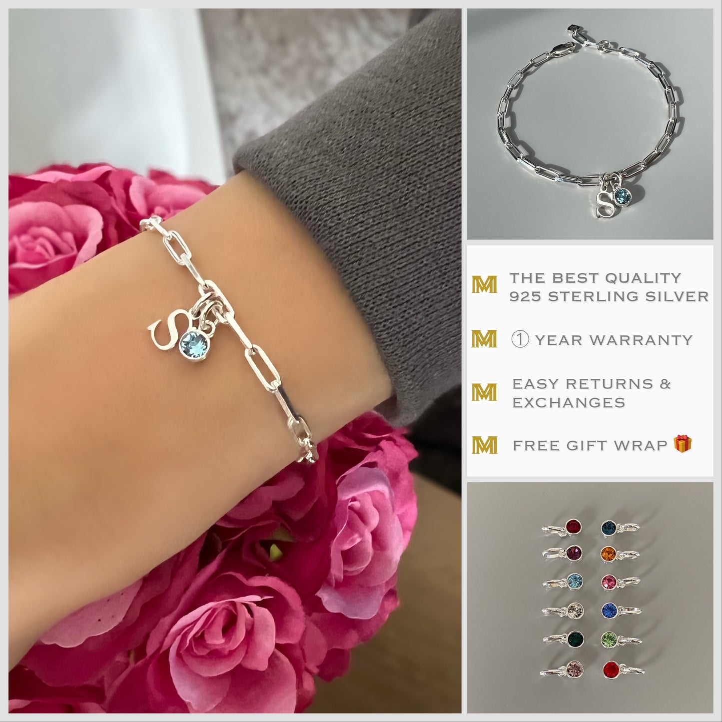 birthstone and initial bracelet, custom letter bracelet, personalised gifts, monogram bracelet, 18th birthday gift, LOTTI Initial&Birth SB71