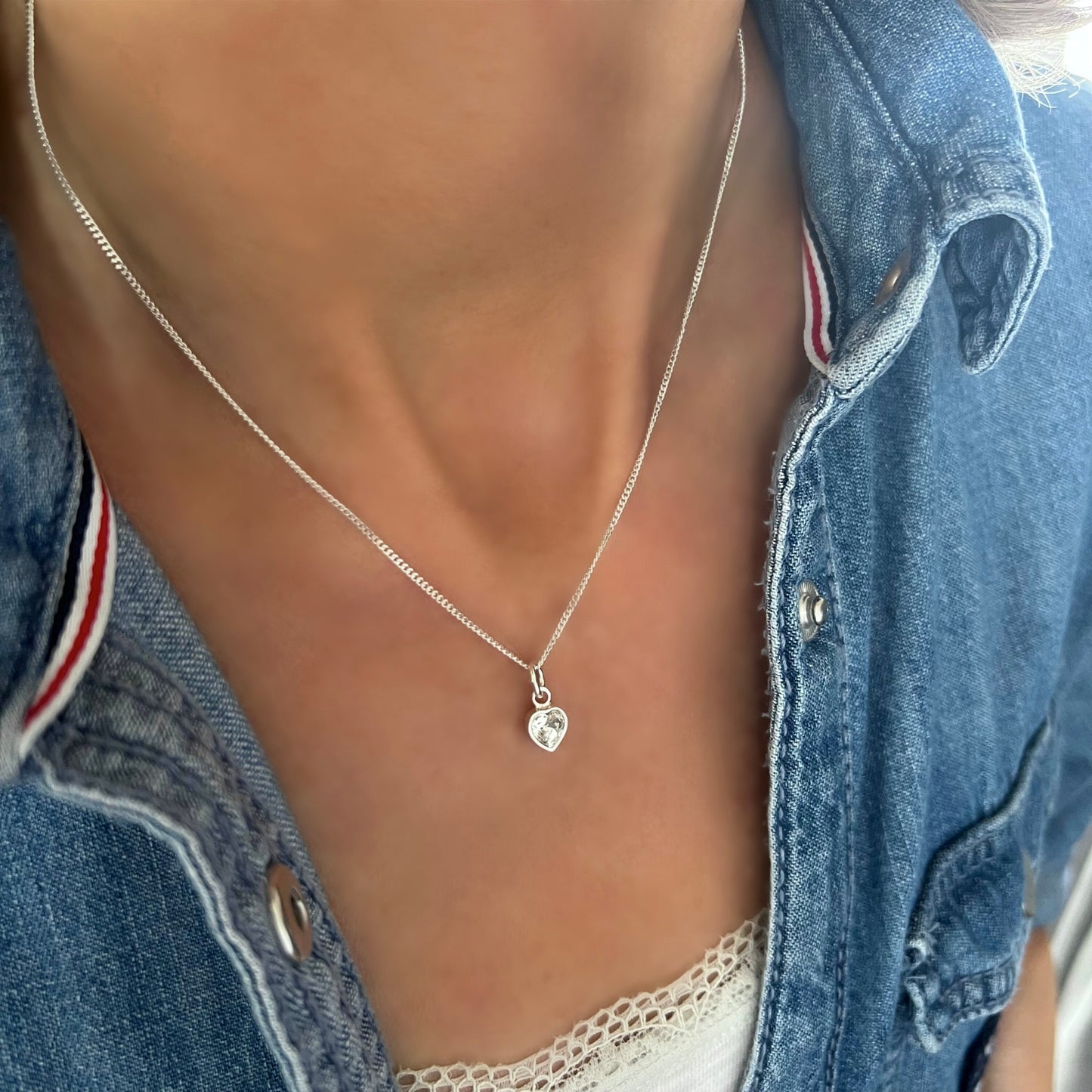 heart charm necklace, sterling silver, gift for mum, handmade, bridesmaids gift, birthday gifts, minimalist necklace, CRYSTAL heart-SNM02