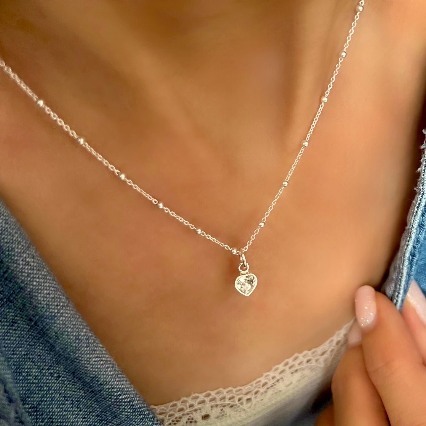 heart charm necklace, sterling silver, gift for mum, handmade, bridesmaids gift, birthday gifts, minimalist necklace, CRYSTAL heart-SNM02