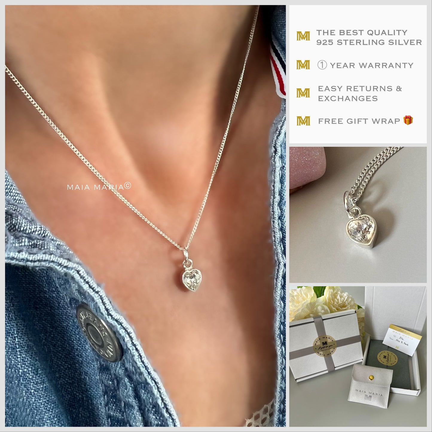 heart charm necklace, sterling silver, gift for mum, handmade, bridesmaids gift, birthday gifts, minimalist necklace, CRYSTAL heart-SNM02