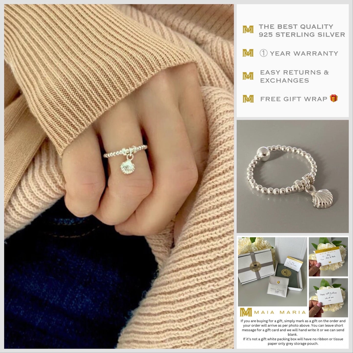 shell charm ring, sterling silver beaded ring, stackable ring, handmade jewellery, gifts for women, LITTLE SHELL-SR24