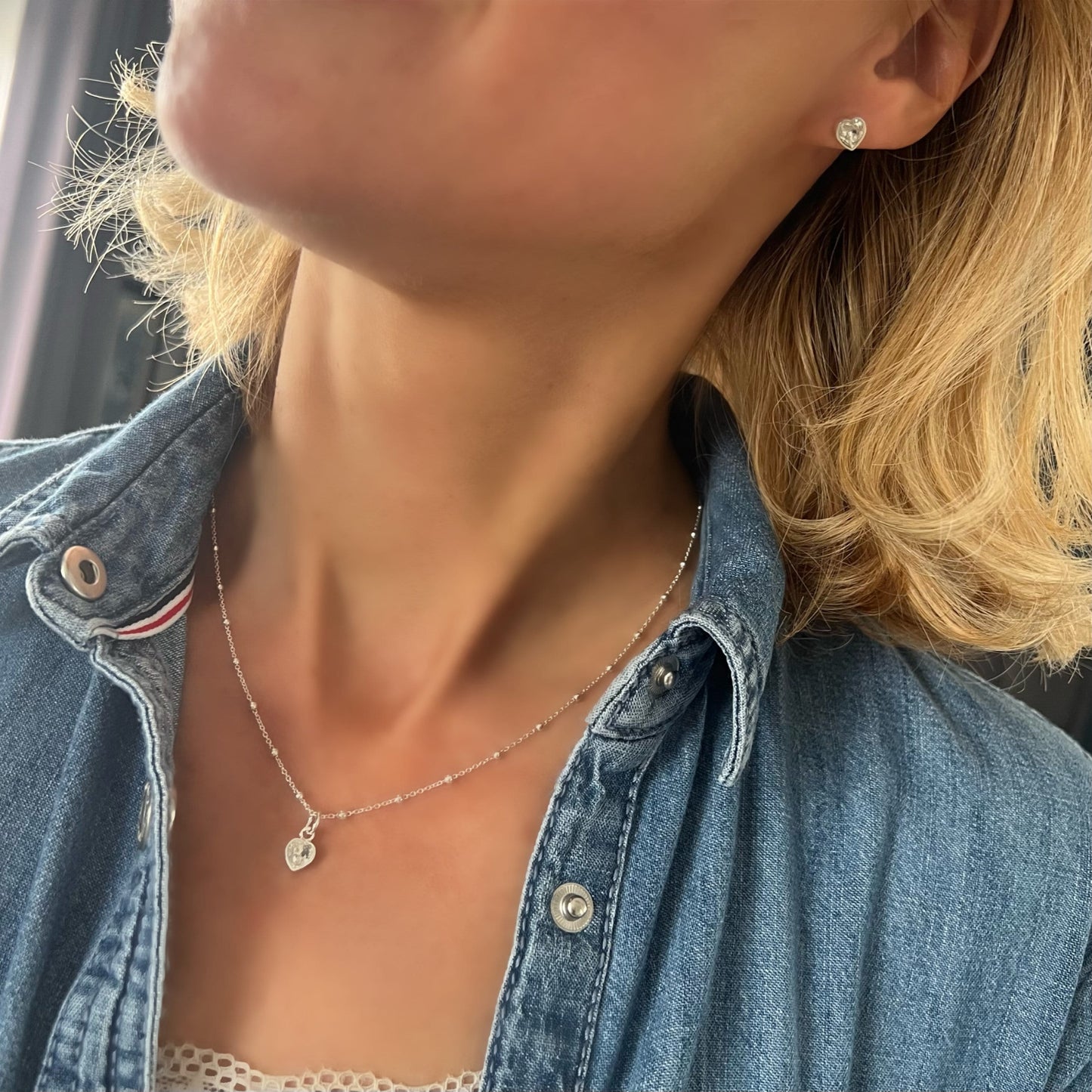 heart charm necklace, sterling silver, gift for mum, handmade, bridesmaids gift, birthday gifts, minimalist necklace, CRYSTAL heart-SNM02