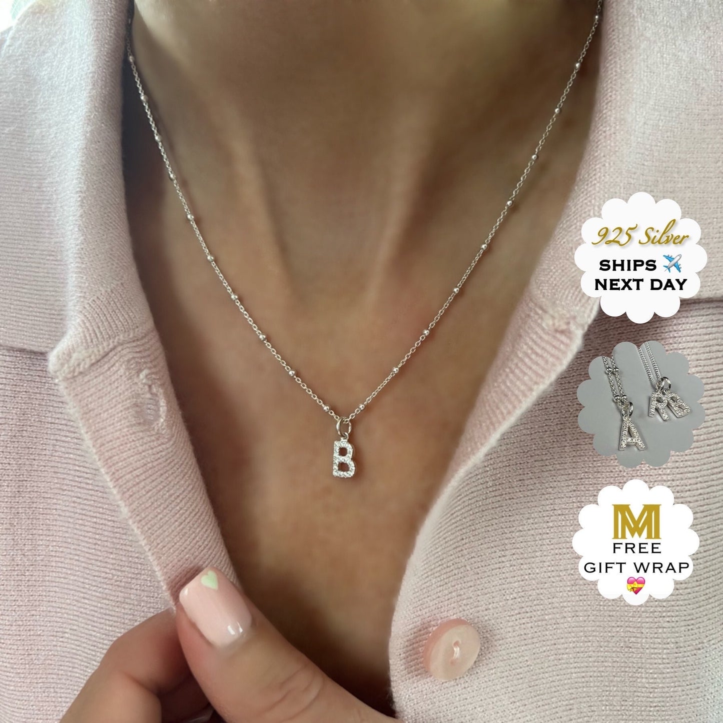 dainty initial necklace, 18th birthday gift, minimalist letter charm, personalised gifts, sterling silver jewellery, CRYSTAL initial-SN10