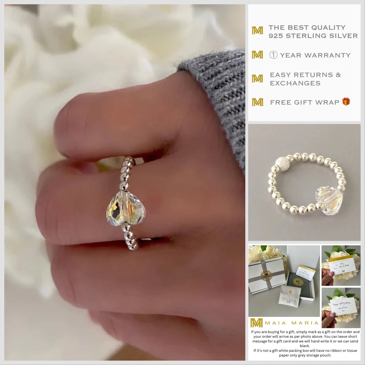 heart charm ring, crystal beaded ring, handmade gifts, minimalist jewellery, rings for women, CHLOE CRYSTAL-SR10