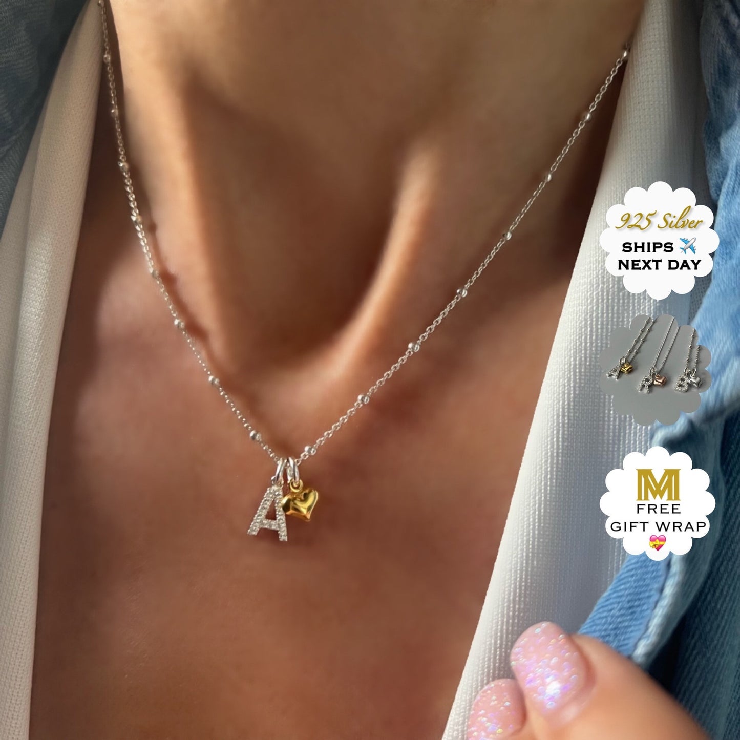 custom initial necklace with heart charm, sterling silver, personalised jewellery, 18th birthday gift, letter necklace, gift for wife, SNM01