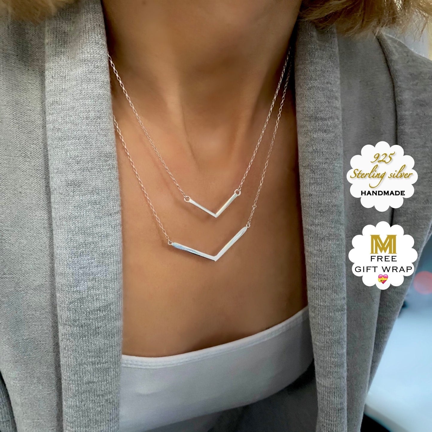 chevron necklace, v bar necklace, geometric necklace, handmade gift for women, bridal jewellery, birthday gift, Mila-SN16