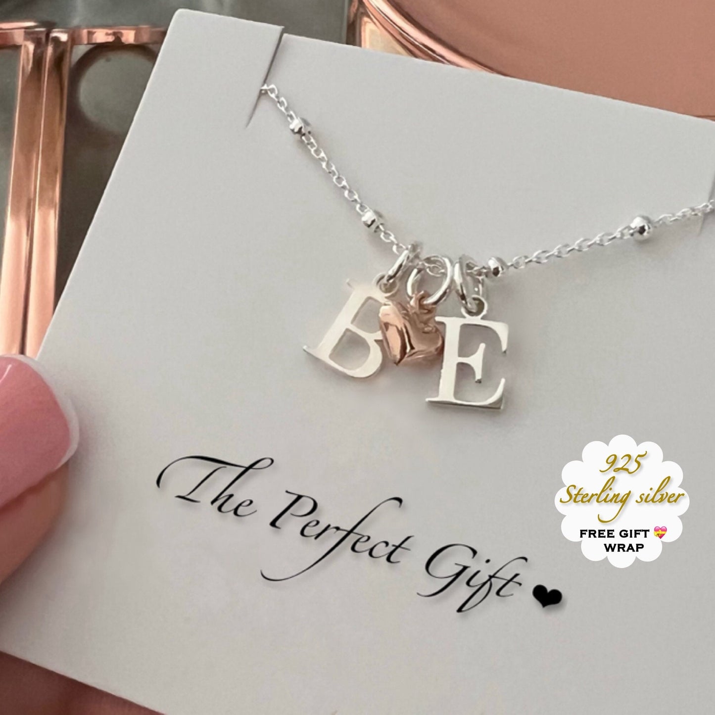 double initial necklace, minimalist jewellery, handmade gift, sterling silver, heart charm, gift for wife, TWO Initial necklace -SNTWO