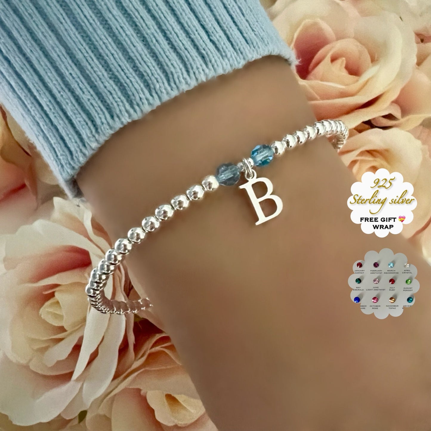 birthstone and letter bracelet, beaded bracelet, sterling silver, gifts for women, personalised gift, monogram gifts, 18th birthday, SBM15