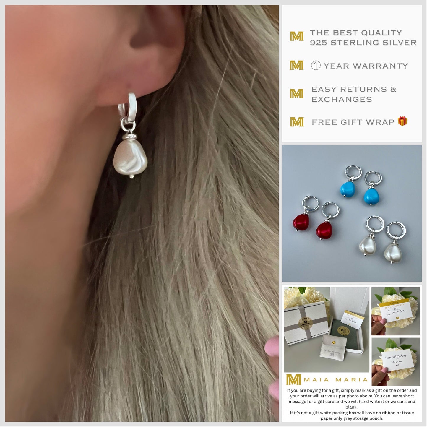 sterling silver pearl earrings, huggie hoops, minimalist jewellery, dangle earrings, gifts for women, chunky earrings, CHLEO pearl SEM03