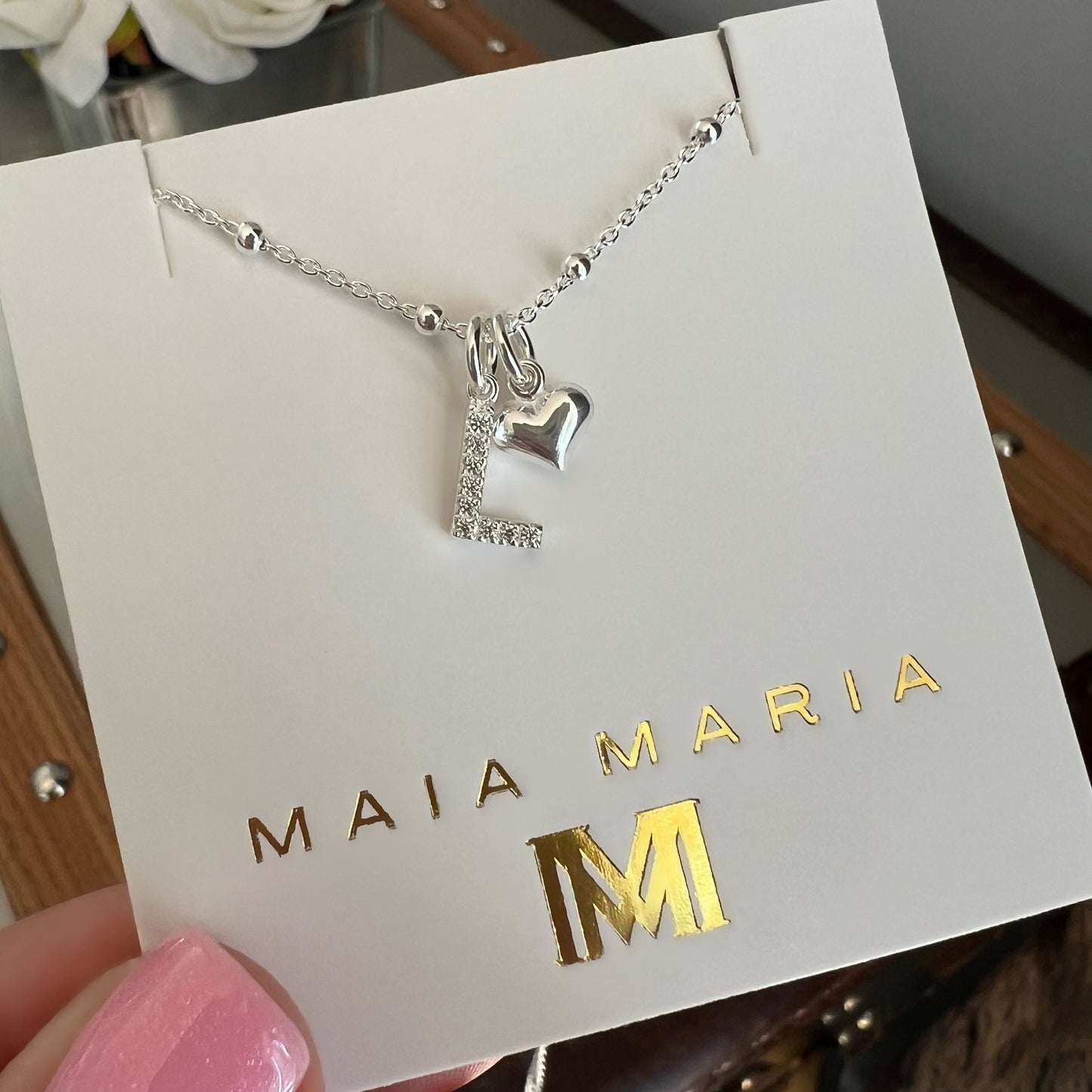 custom initial necklace with heart charm, sterling silver, personalised jewellery, 18th birthday gift, letter necklace, gift for wife, SNM01