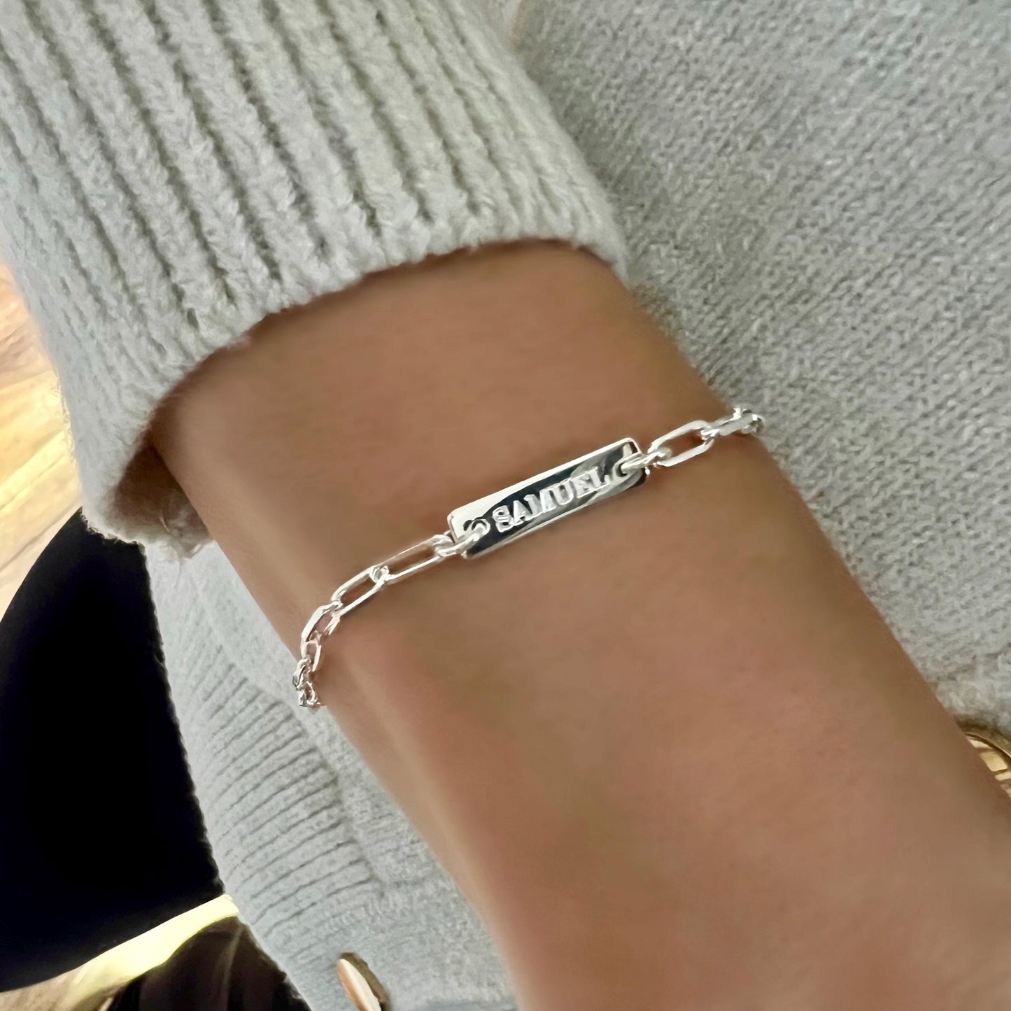 engraved name bar bracelet, nameplate sterling silver, paperclip chain, personalised, minimalist, 18th birthday gift, gift for women, SBE03