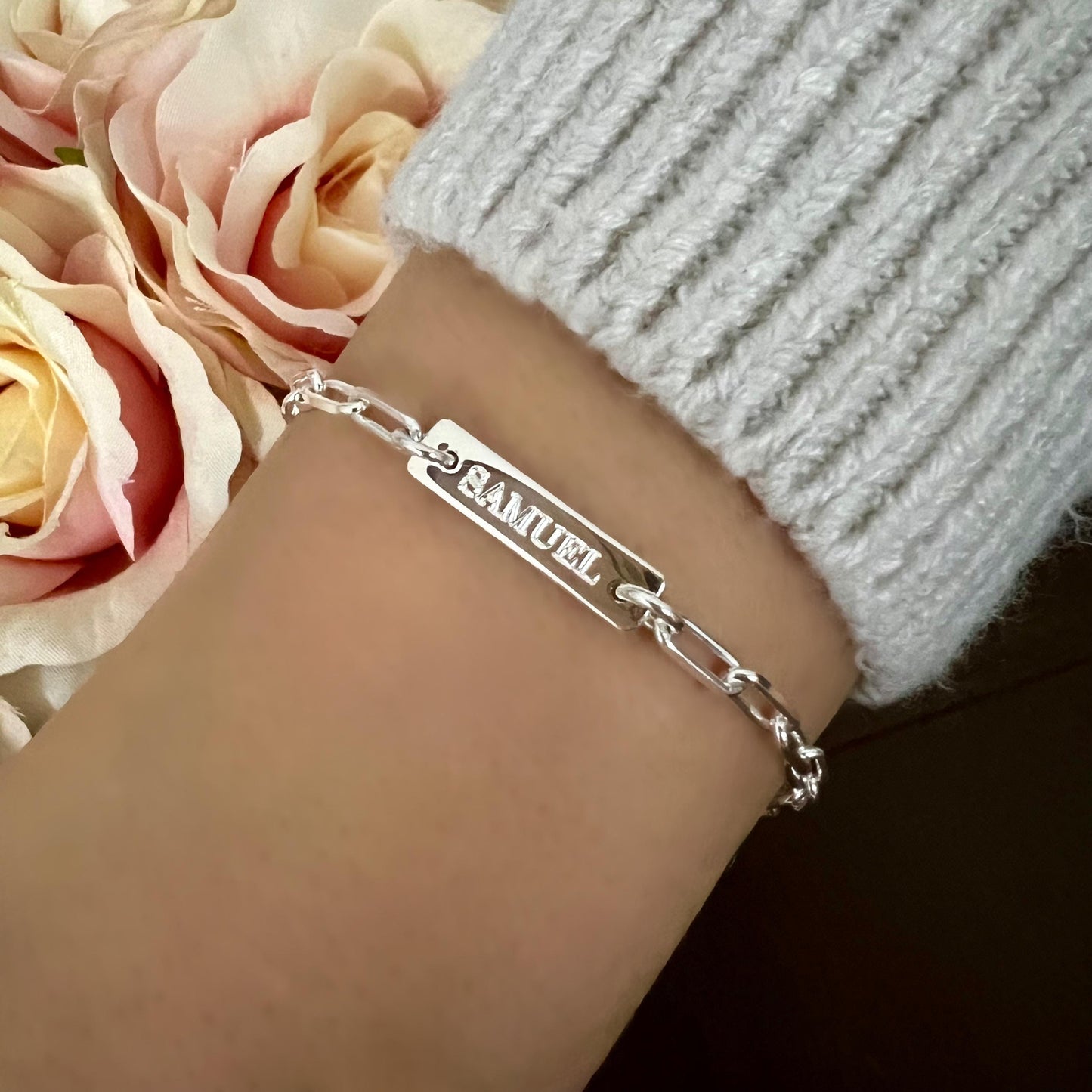 engraved name bar bracelet, nameplate sterling silver, paperclip chain, personalised, minimalist, 18th birthday gift, gift for women, SBE03