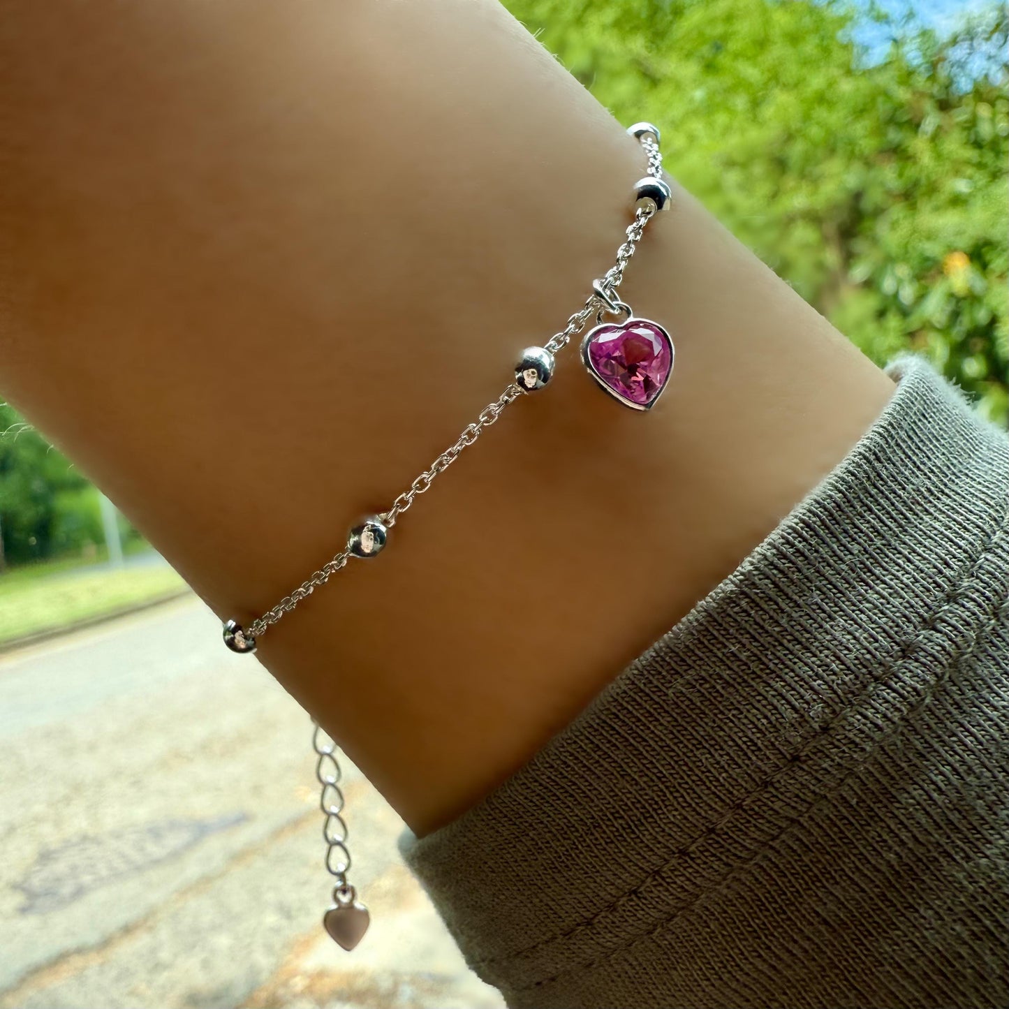 dainty birthstone heart charm bracelet, sterling silver, satellite chain, personalised gifts, everyday bracelet, gifts for her, SBM23A