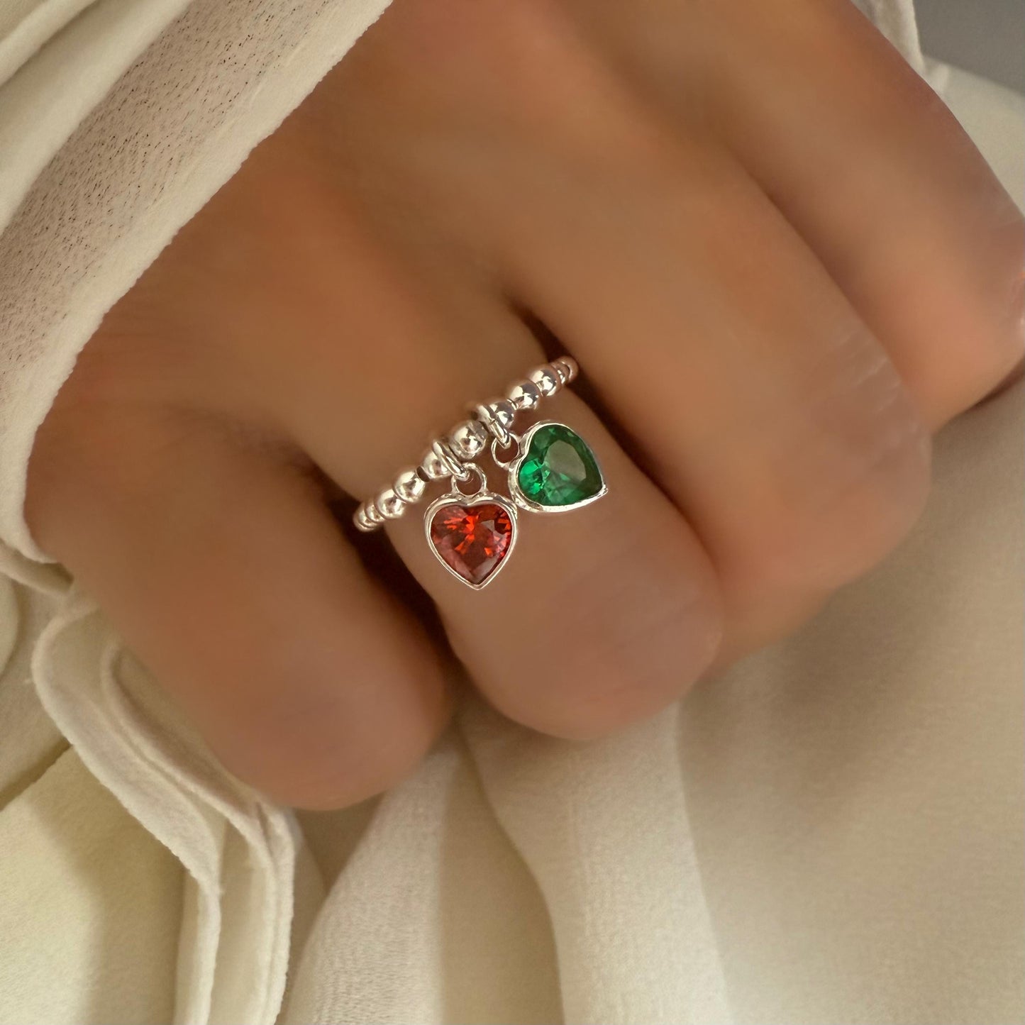 birthstone heart ring, personalised gifts, sterling silver heart charm ring, dangle ring, handmade, birthday gifts, stretchy ring, SR2501
