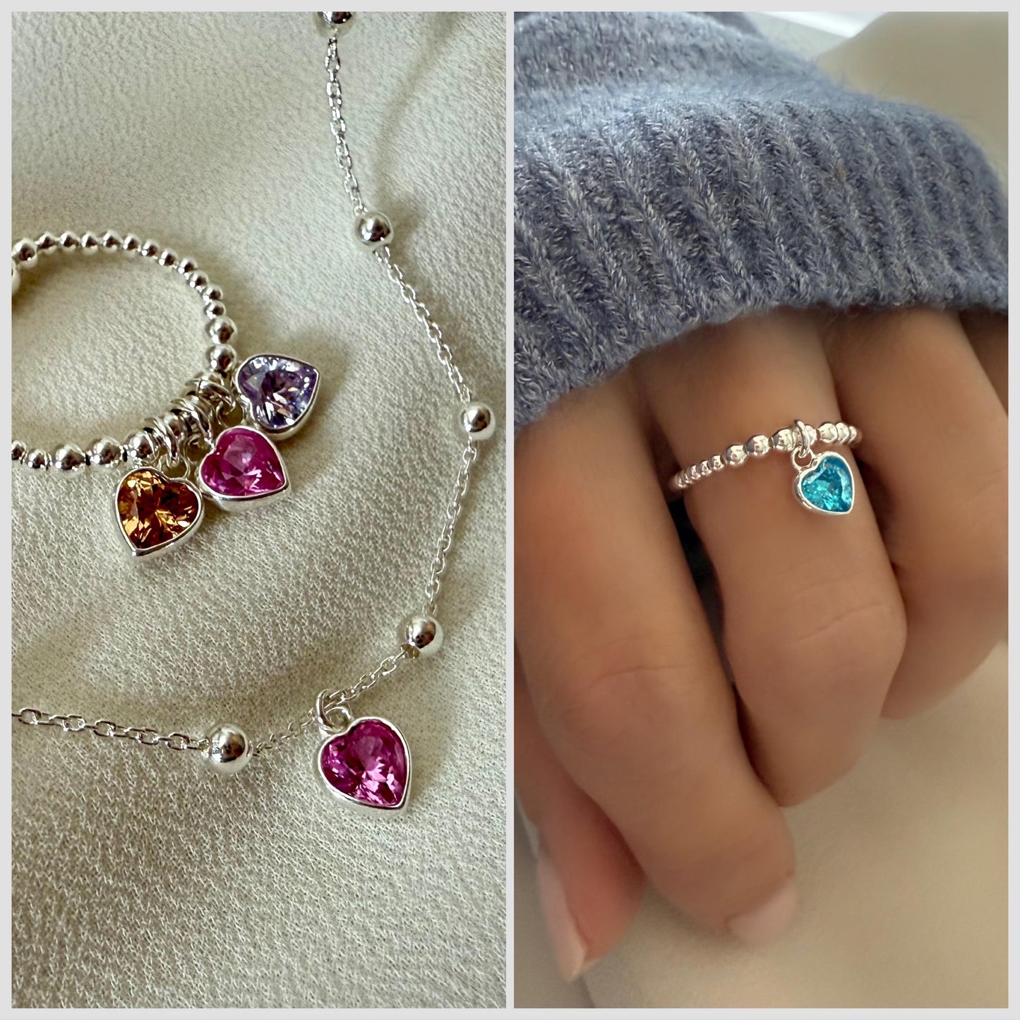 birthstone heart ring, personalised gifts, sterling silver heart charm ring, dangle ring, handmade, birthday gifts, stretchy ring, SR2501
