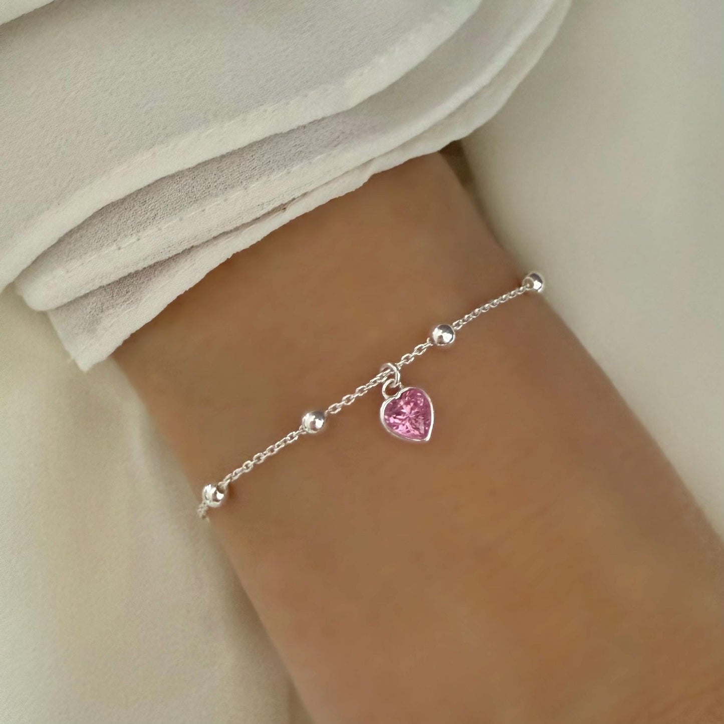 dainty birthstone heart charm bracelet, sterling silver, satellite chain, personalised gifts, everyday bracelet, gifts for her, SBM23A