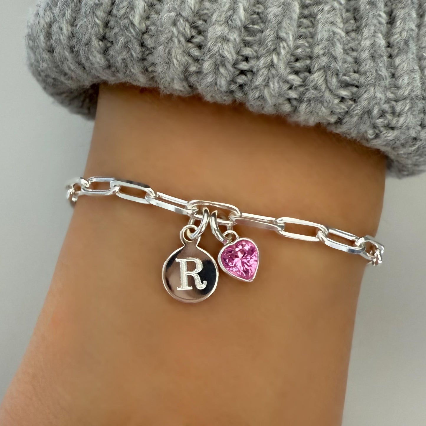 birthstone and initial sterling silver bracelet, engraved disc charm, personalised jewellery, monogram bracelet,18th birthday gift, SB2504