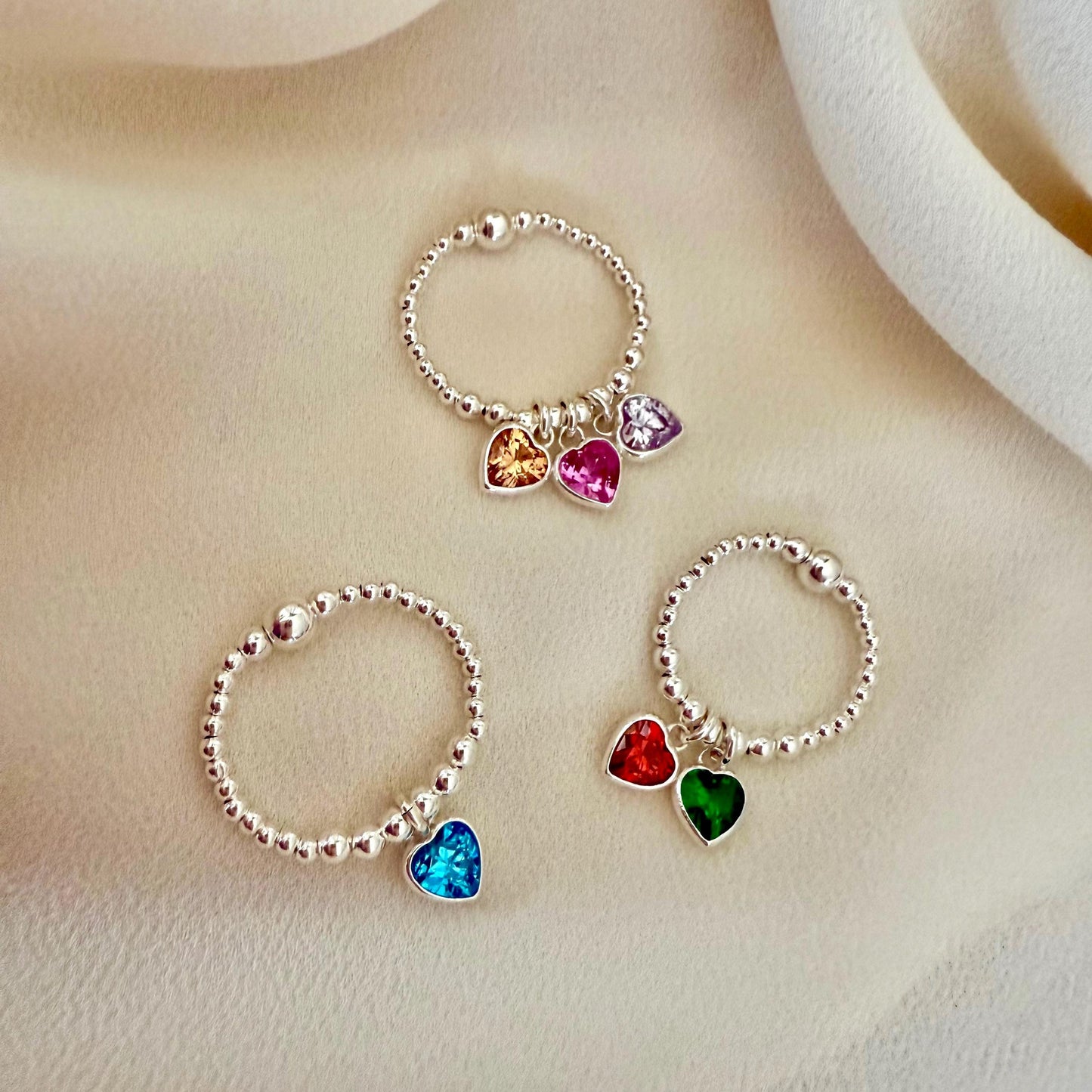 birthstone heart ring, personalised gifts, sterling silver heart charm ring, dangle ring, handmade, birthday gifts, stretchy ring, SR2501