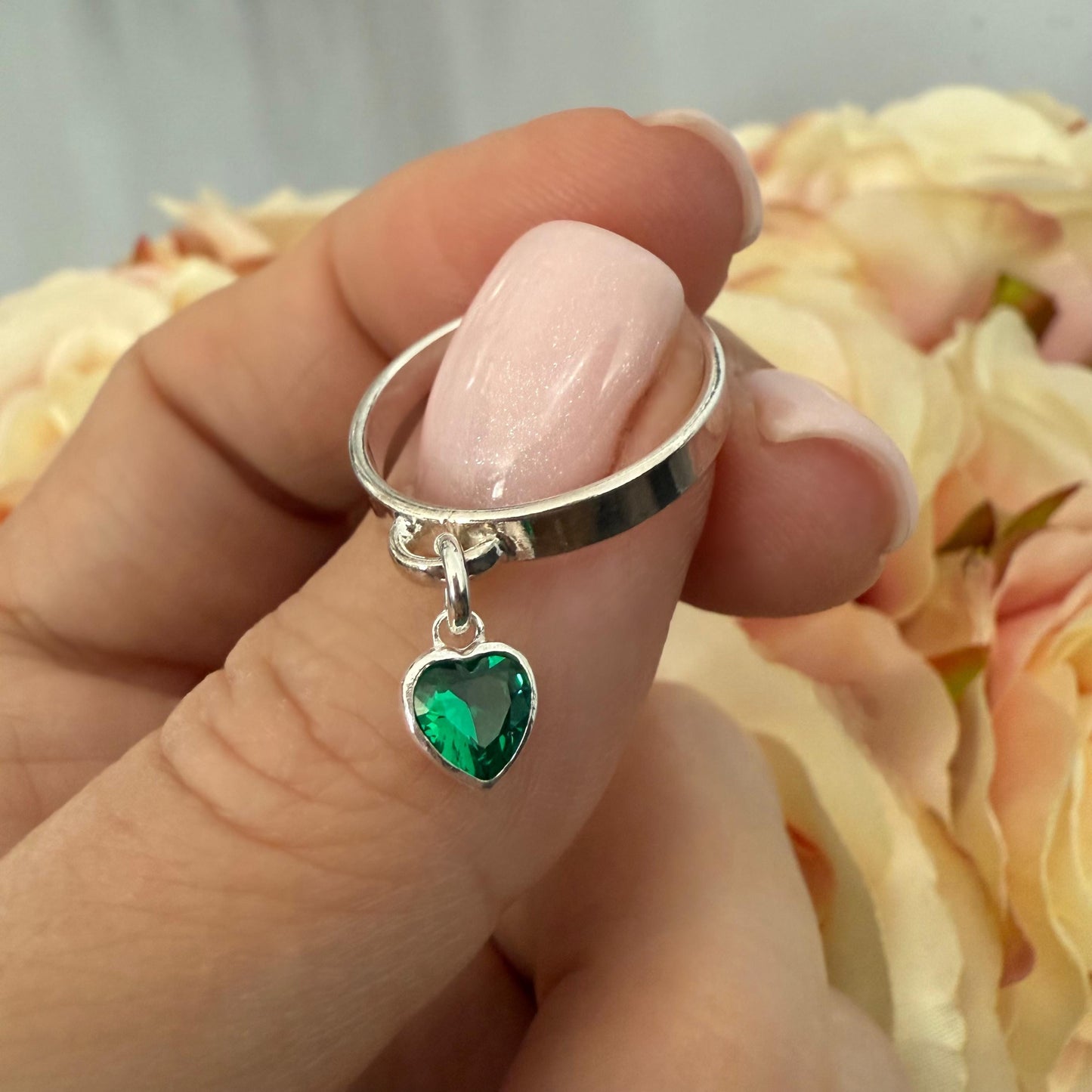 birthstone heart charm ring, sterling silver, birthday gift, silver band ring, heart ring, minimalist jewellery, dangle ring, SRM03