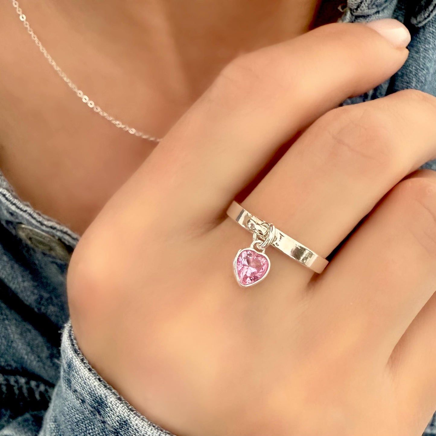 birthstone heart charm ring, sterling silver, birthday gift, silver band ring, heart ring, minimalist jewellery, dangle ring, SRM03