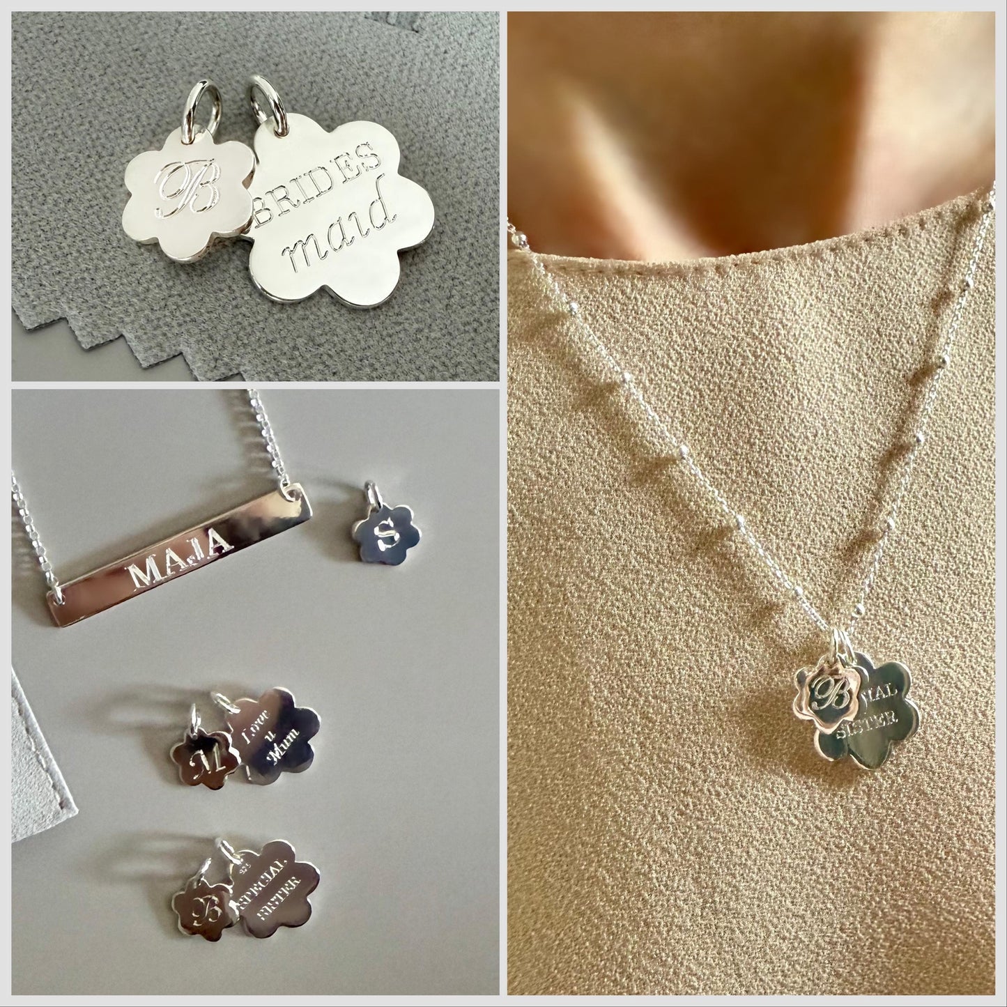 engraved name flower charm for necklace, word pendant, unique gifts, minimalist, bridesmaids gift, personalised birthday gift, SNE09