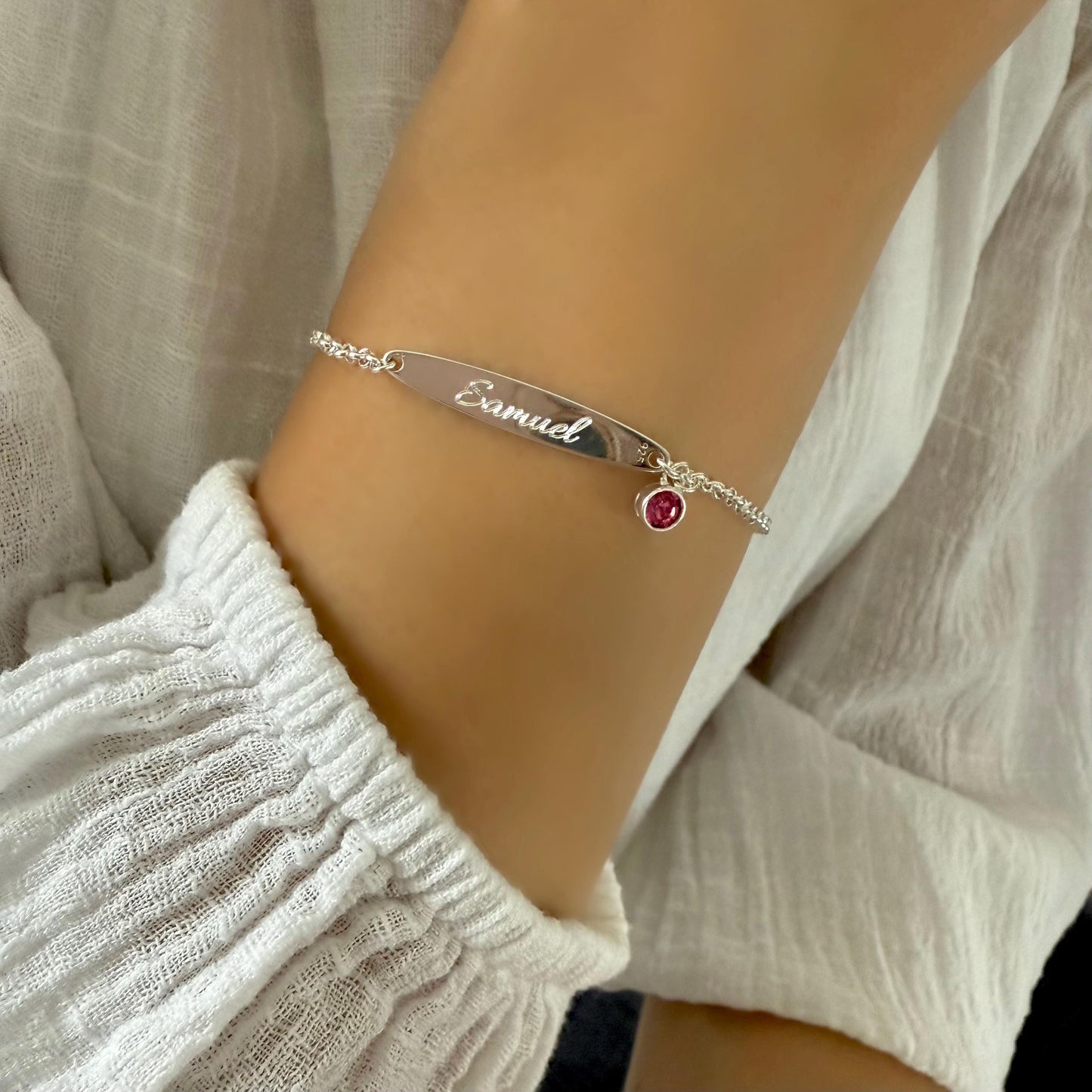 birthstone bracelet, name bar bracelet, sterling silver, engraved name plate, personalised gifts, birthday gift, gift for women, SBE12