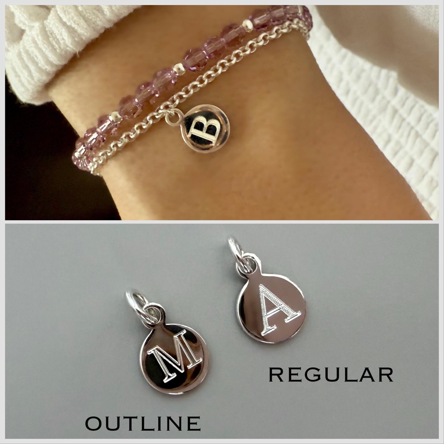 initial disc charm bracelet, engraved letter disc, sterling silver, everyday jewellery, personalised, bridesmaids gifts, gift for her, SBE10