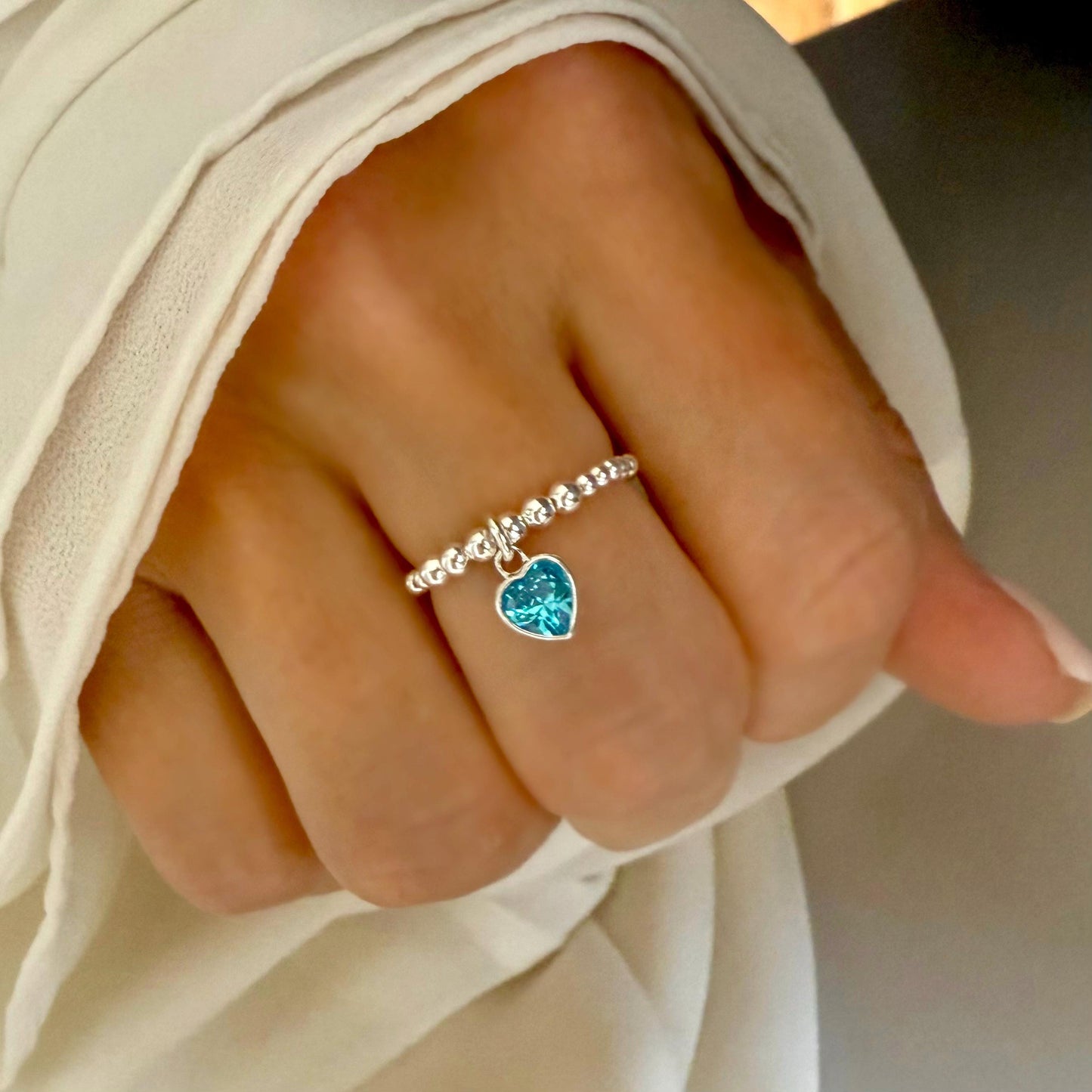 birthstone heart ring, personalised gifts, sterling silver heart charm ring, dangle ring, handmade, birthday gifts, stretchy ring, SR2501