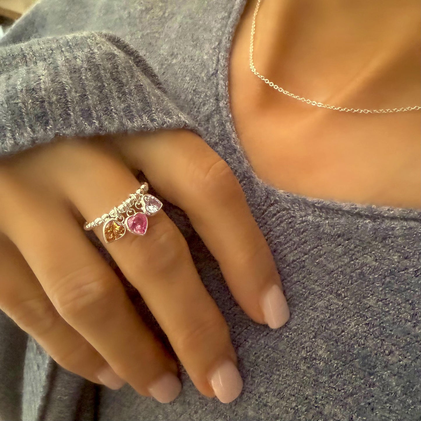 birthstone heart ring, personalised gifts, sterling silver heart charm ring, dangle ring, handmade, birthday gifts, stretchy ring, SR2501