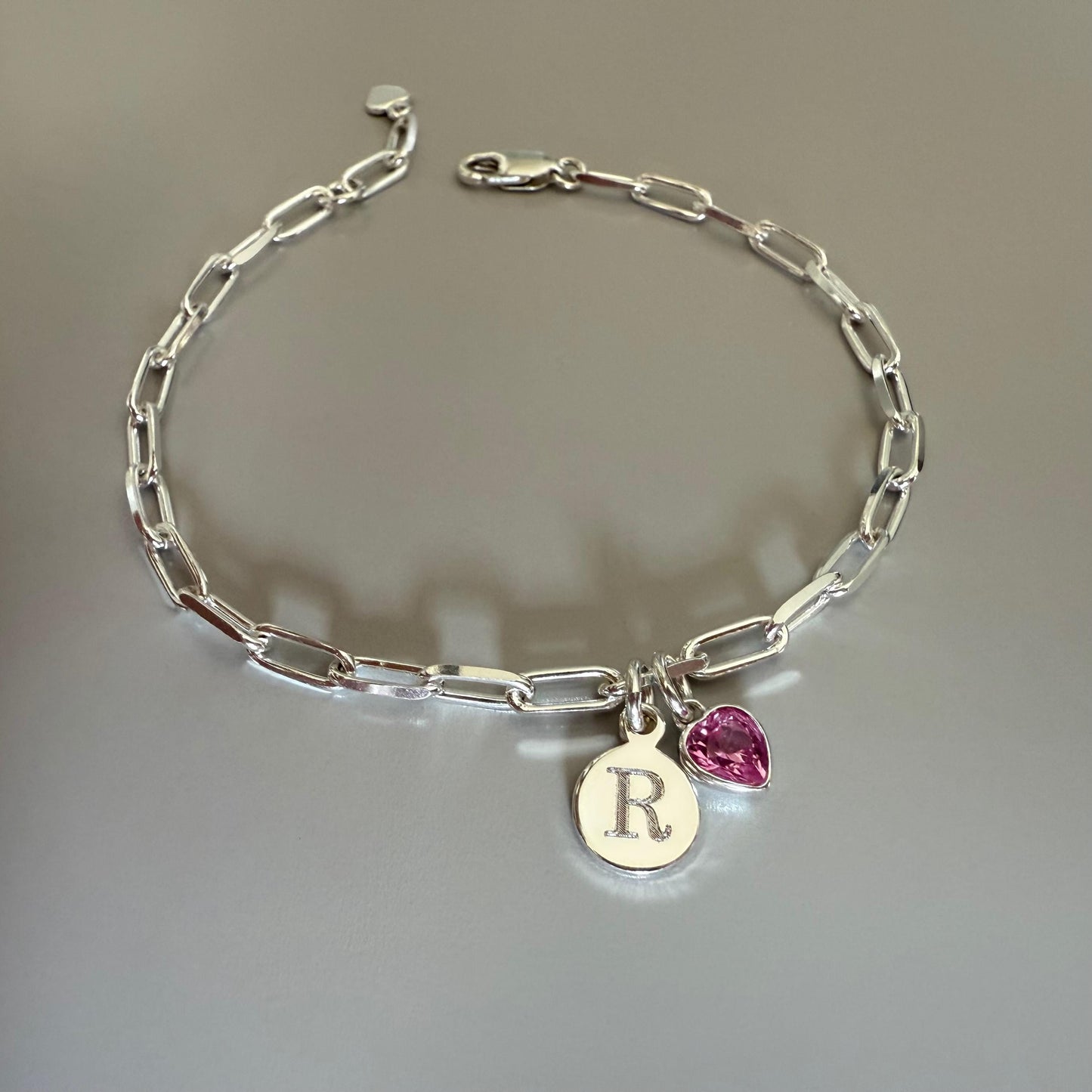 birthstone and initial sterling silver bracelet, engraved disc charm, personalised jewellery, monogram bracelet,18th birthday gift, SB2504
