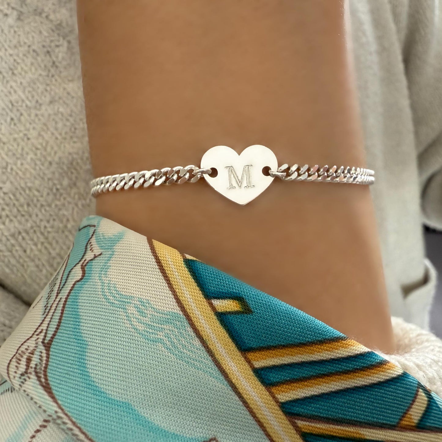 heart initial chain and link bracelet, engraved letter, bracelet for women, keepsake, 925 silver, personalised gifts, birthday gifts, SBE14