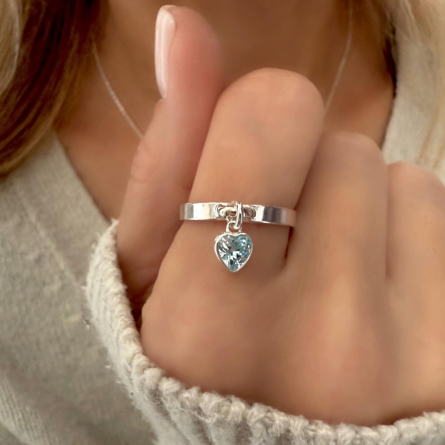 birthstone heart charm ring, sterling silver, birthday gift, silver band ring, heart ring, minimalist jewellery, dangle ring, SRM03