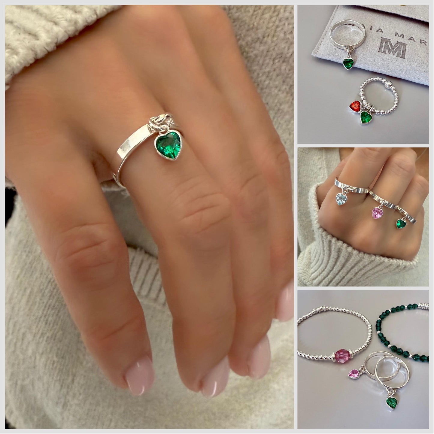 birthstone heart charm ring, sterling silver, birthday gift, silver band ring, heart ring, minimalist jewellery, dangle ring, SRM03