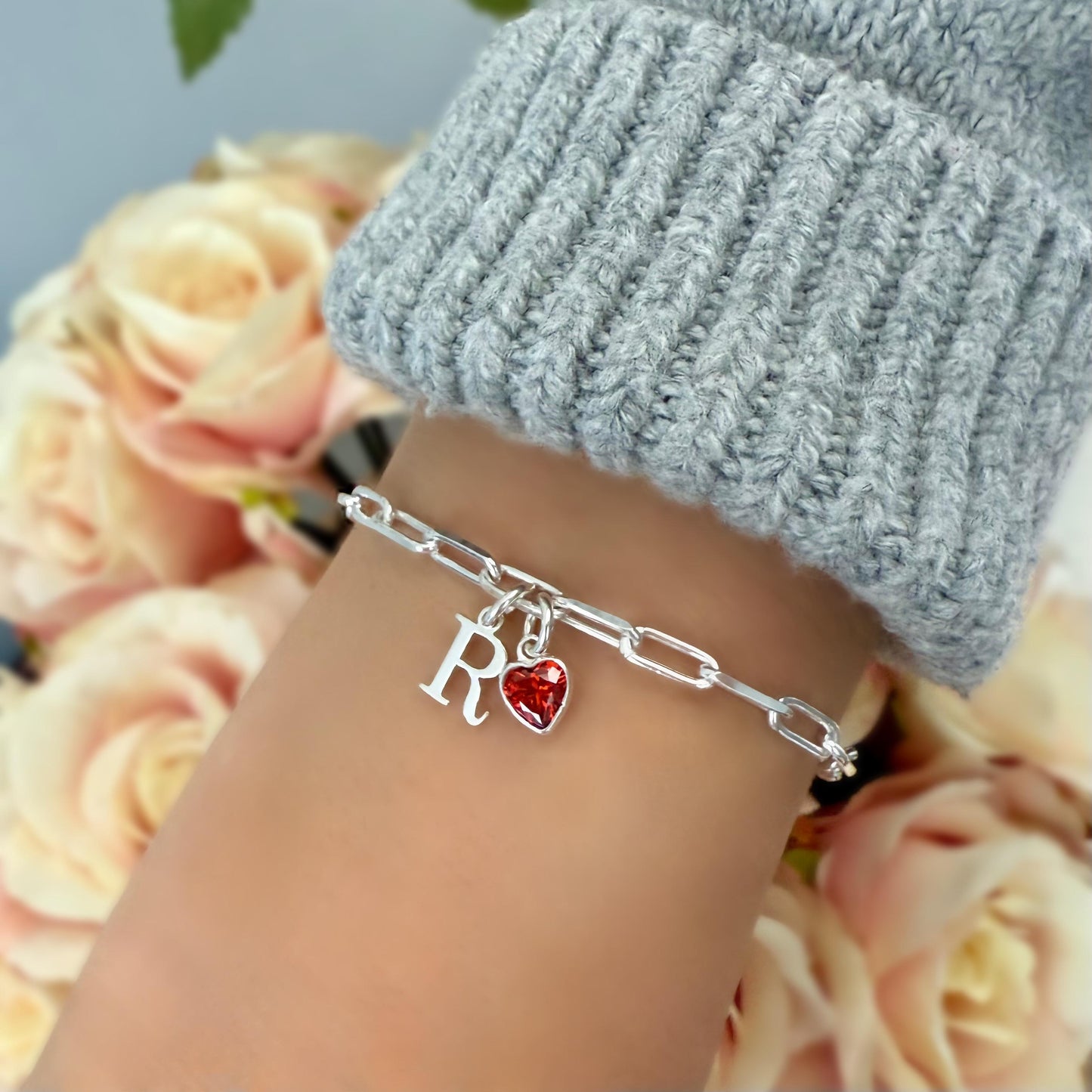 birthstone heart and initial sterling silver bracelet, personalised jewellery, monogram bracelet,18th birthday gift, keepsake, SB2506