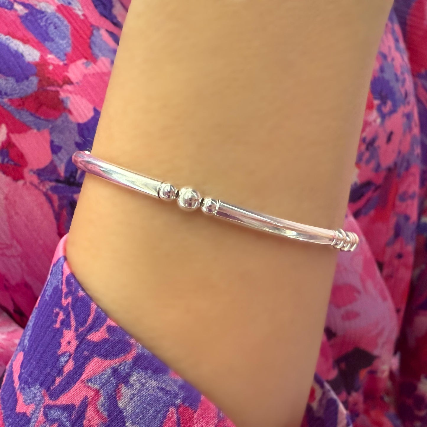 dainty beaded stacking bracelet, sterling silver, stretchy, bangle style bracelet, handmade, minimalist, bracelet for women, SBB01