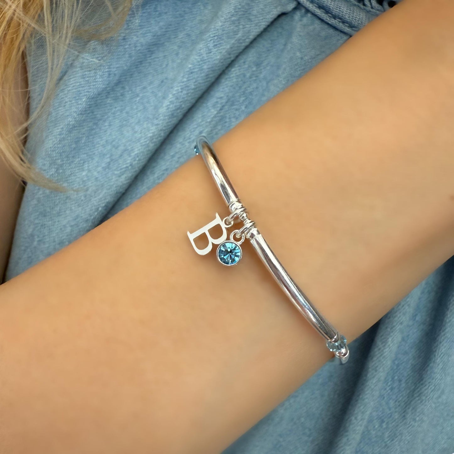 birthstone bracelet, initial, sterling silver, beaded, stretchy, bangle, personalised jewellery ,birthday gift, stackable bracelet, SBB02