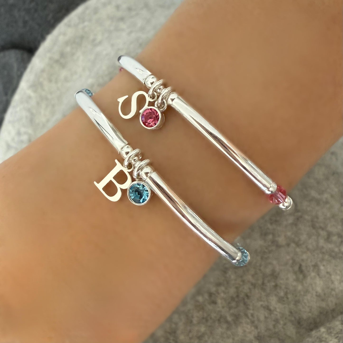 birthstone bracelet, initial, sterling silver, beaded, stretchy, bangle, personalised jewellery ,birthday gift, stackable bracelet, SBB02