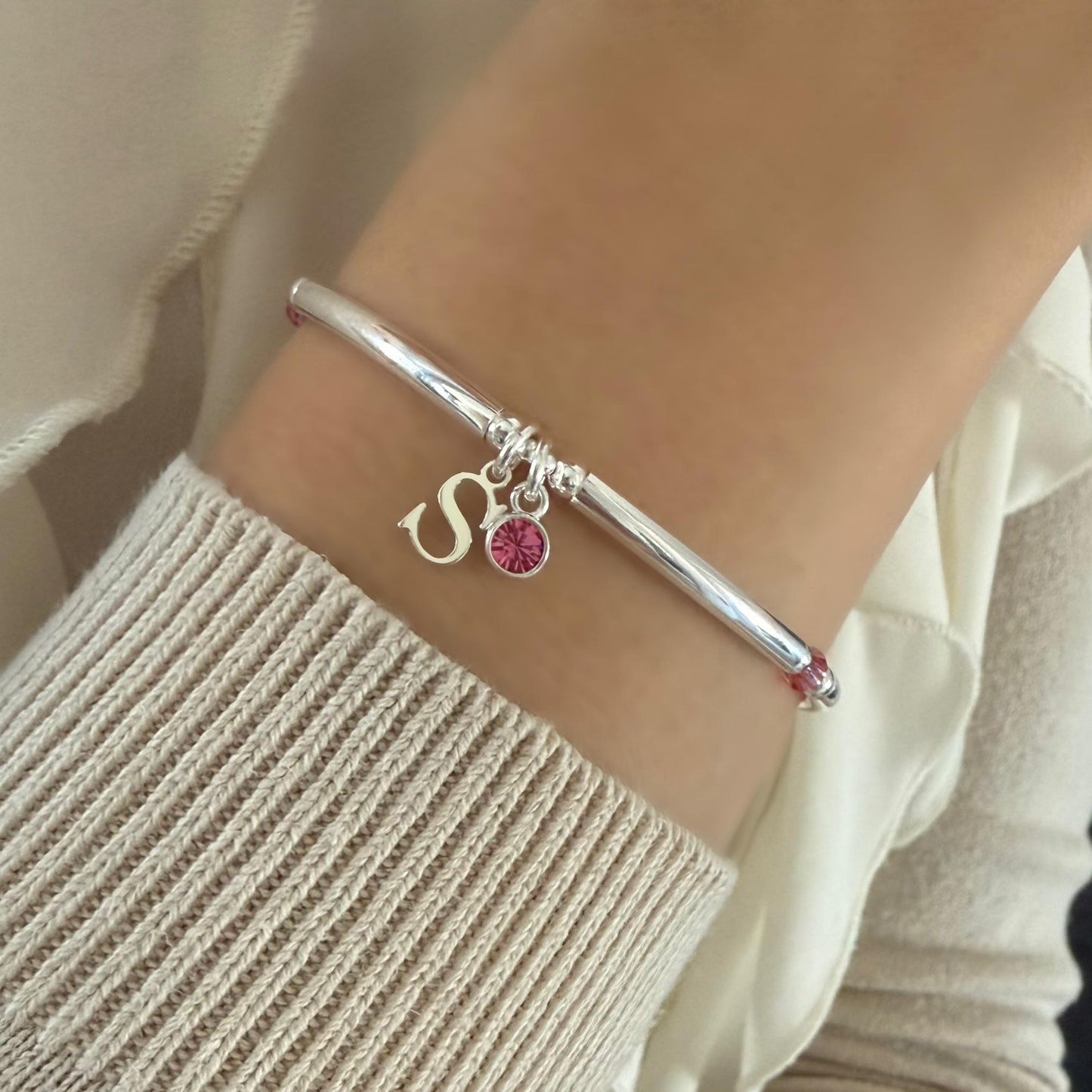 birthstone bracelet, initial, sterling silver, beaded, stretchy, bangle, personalised jewellery ,birthday gift, stackable bracelet, SBB02