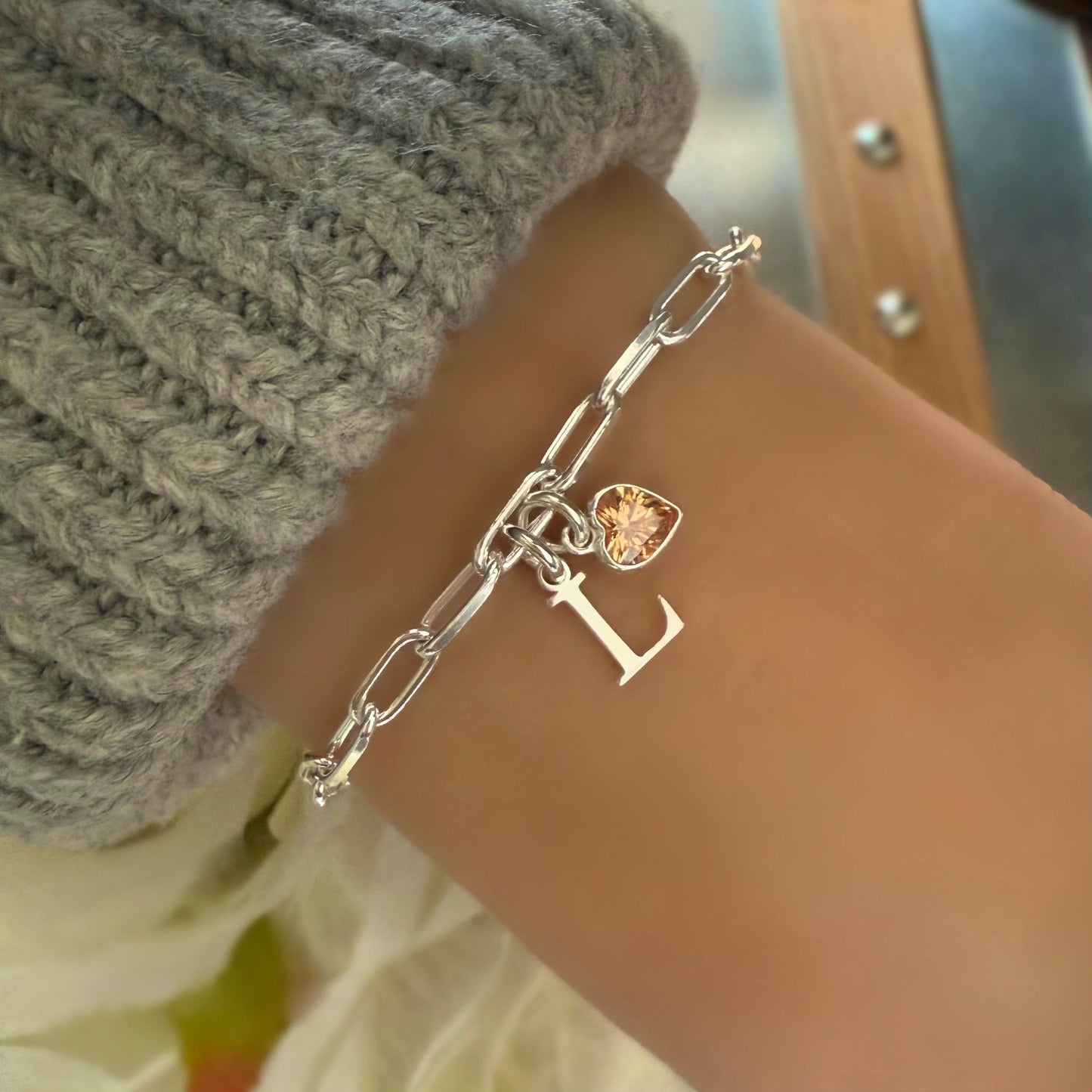 birthstone heart and initial sterling silver bracelet, personalised jewellery, monogram bracelet,18th birthday gift, keepsake, SB2506