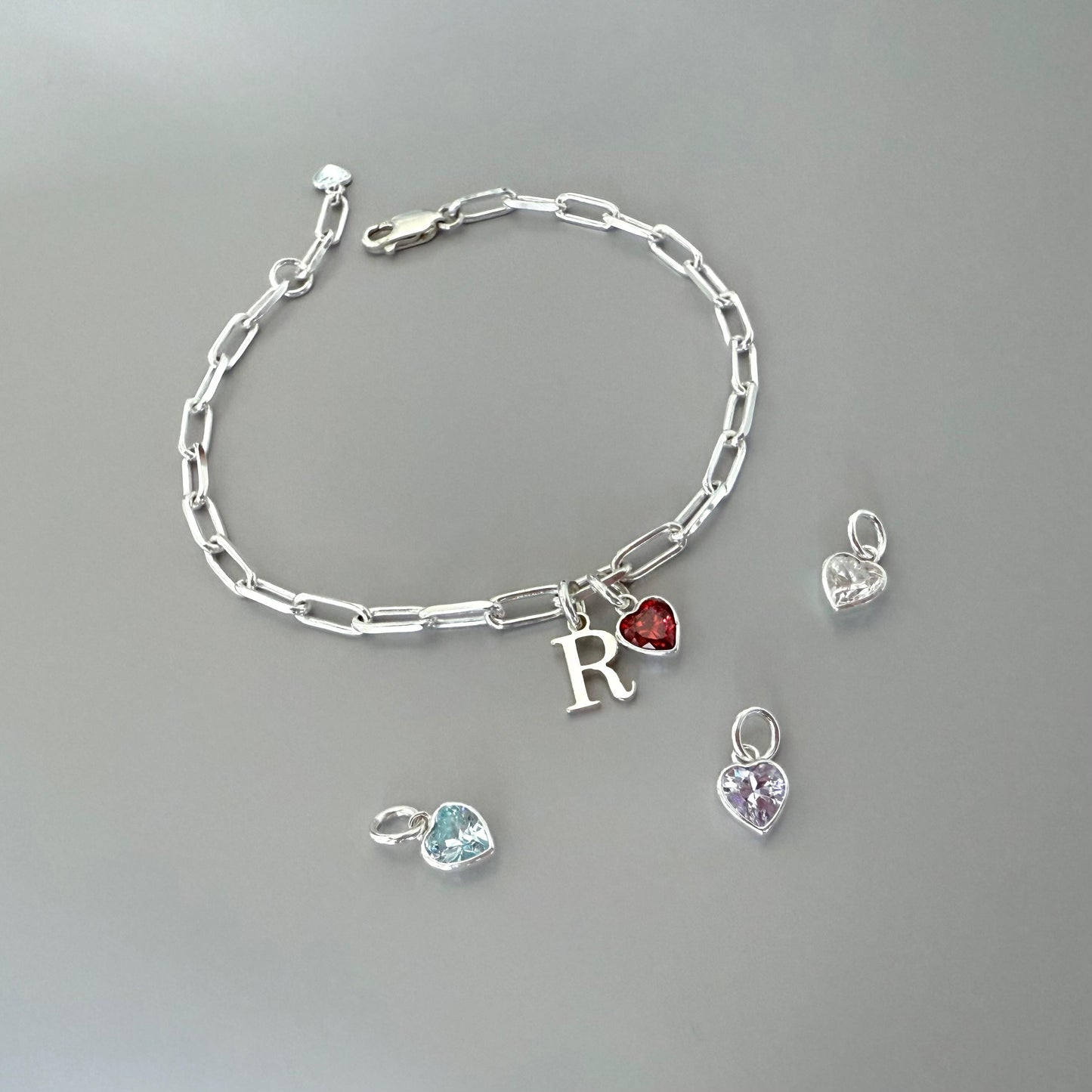 birthstone heart and initial sterling silver bracelet, personalised jewellery, monogram bracelet,18th birthday gift, keepsake, SB2506