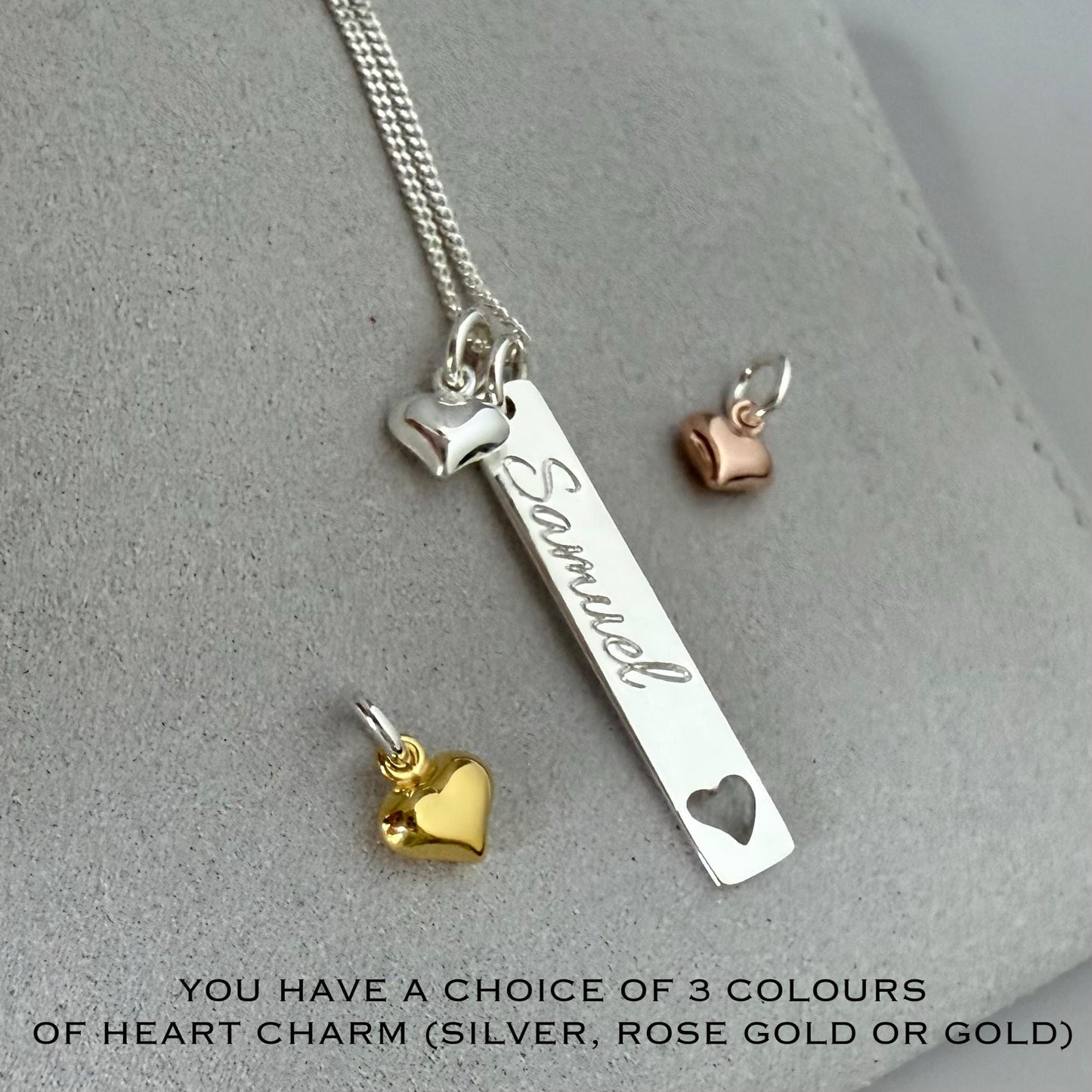 engraved bar necklace, heart charm, sterling silver, name necklace, satellite chain, birthday gift, personalised gift, keepsake,SNE21