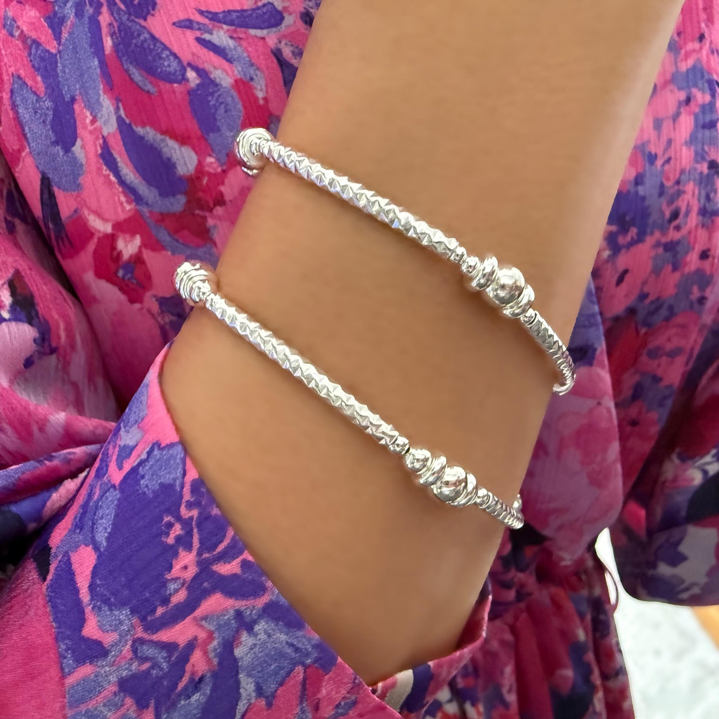 bangle beaded bracelet, sterling silver, stretchy, silver bracelet, handmade, minimalist, gift for women, stackable bracelet, SBB07