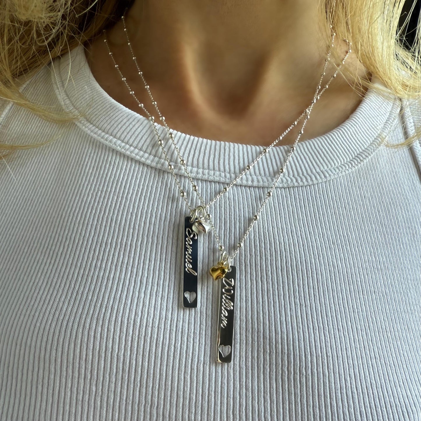 engraved bar necklace, heart charm, sterling silver, name necklace, satellite chain, birthday gift, personalised gift, keepsake,SNE21