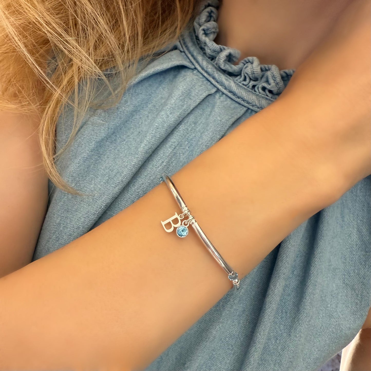 birthstone bracelet, initial, sterling silver, beaded, stretchy, bangle, personalised jewellery ,birthday gift, stackable bracelet, SBB02