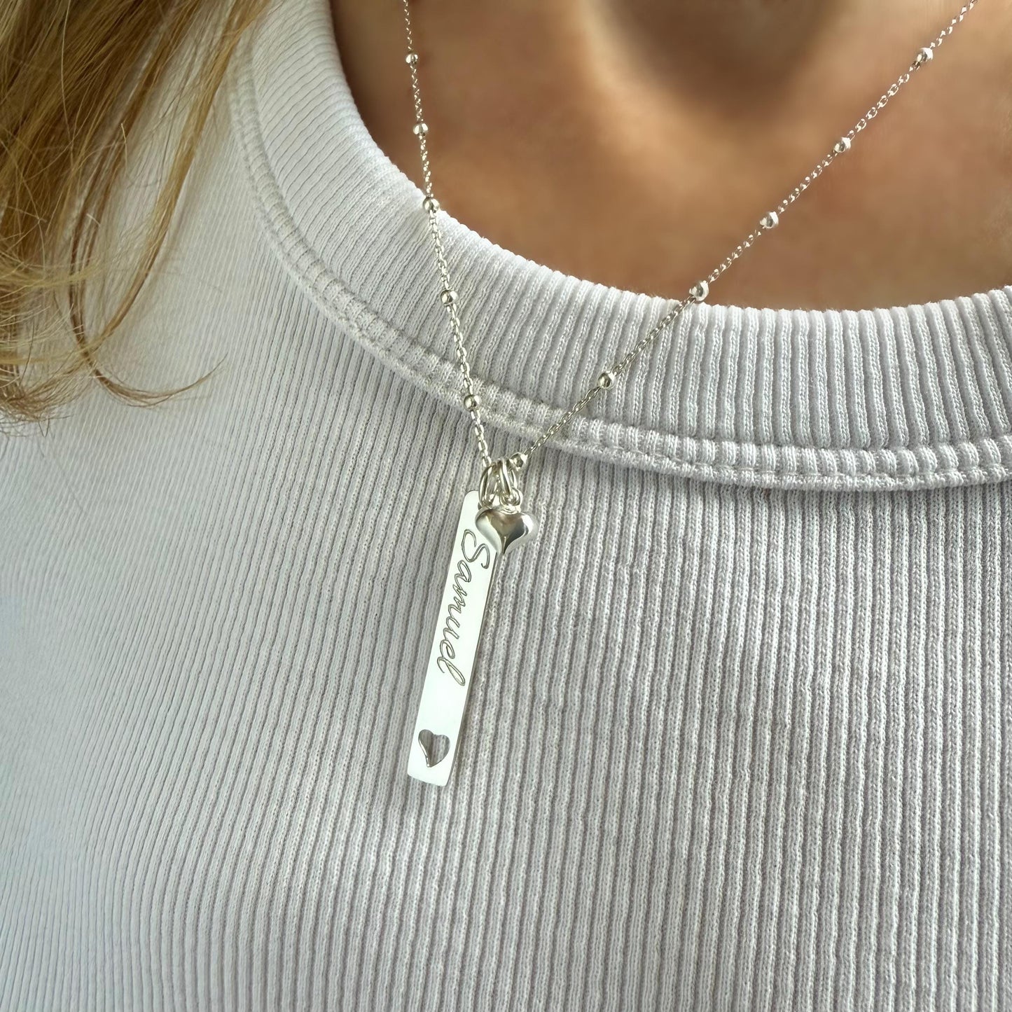engraved bar necklace, heart charm, sterling silver, name necklace, satellite chain, birthday gift, personalised gift, keepsake,SNE21