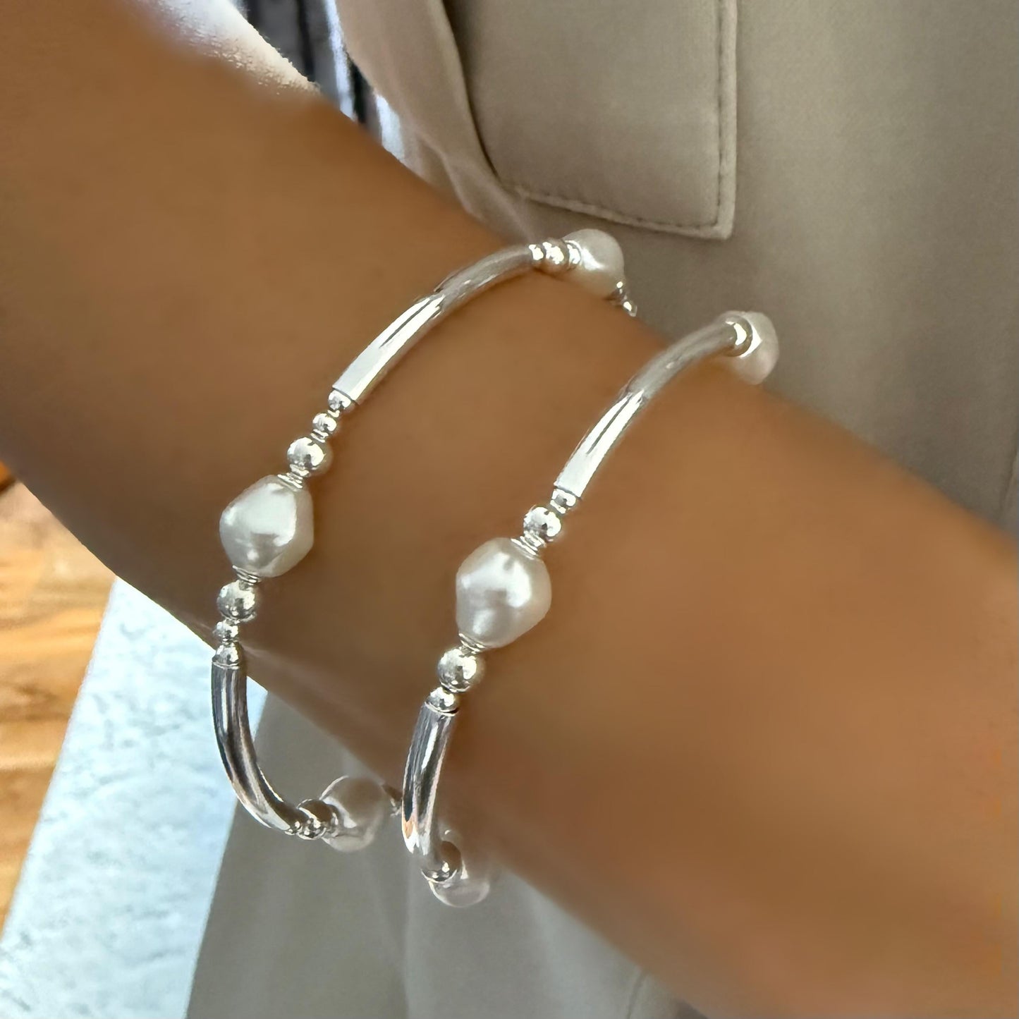 white pearl bangle, sterling silver, stretchy bracelet, bead bracelet, pearl bracelet, handmade, minimalist, gift for women, SOPHIA SBB06